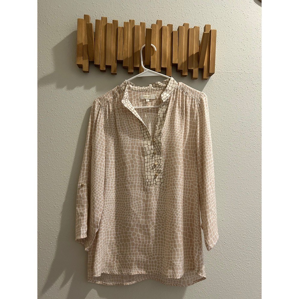 Bril Ryan Women's Tan Giraffe Print Band Collar Tunic Shirt Top Size S
